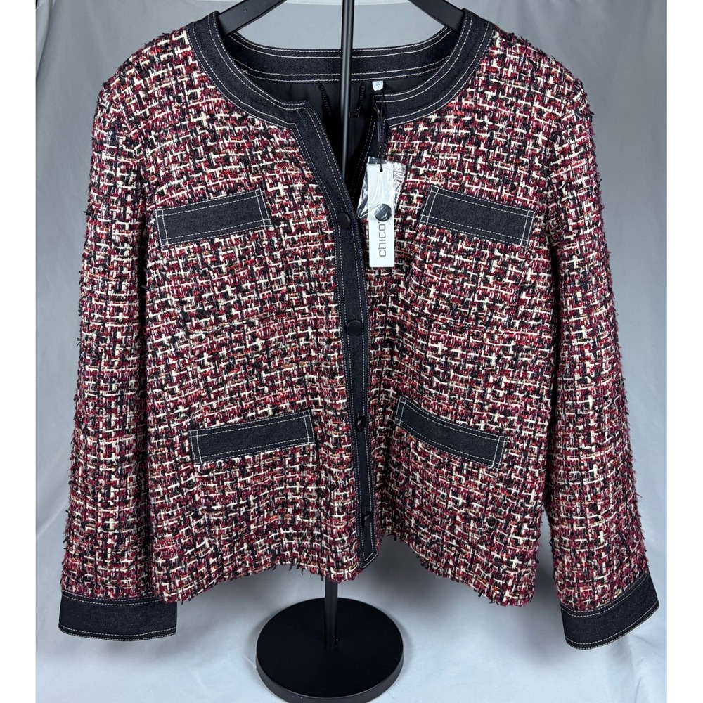 Chicos Tweed Denim Trim Jacket Red Multi Metallic Gold Thread Size 2 NWT